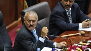 Ali Abdullah Saleh in parliament in Sanaa, 2 Feb