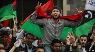 Libyans protest against the Gaddafi government in Benghazi, 10 March
