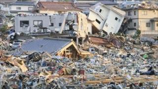 Post-tsunami landscape in Onagawa, Miyagi prefecture, 13 March