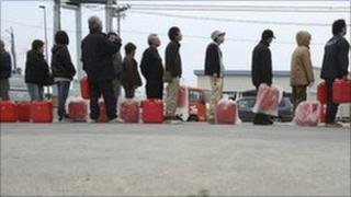 Japanese wait in line for fuel in Fukushima city, Fukushima prefecture on Sunday