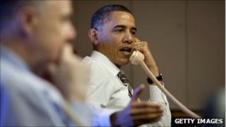 US President Barack Obama leading a telephone briefing on the current situation in Libya