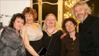 Poet Laureate, Carol Ann Duffy, Kaite O'Reilly, and judges, Gillian Clarke, Jeanette Winterson, and Stephen Raw