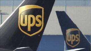 Tail fins of United Parcel Service (UPS) cargo planes.