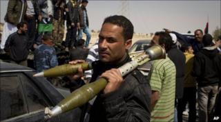 A Libyan rebel in Ajdabiya on 26 March 2011
