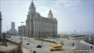 Memorial to the Blitz and Liver Building, Liverpool. photo © John Davies2003