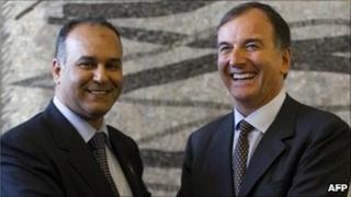Libyan National Transitional Council's Foreign Minister Ali al-Essawi, left, and Italian Foreign Minister Franco Frattini, during a press conference, in Rome