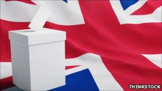 A ballot box on a union flag