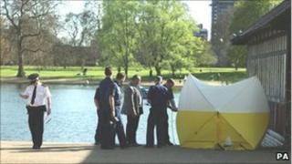 Police officers at the scene by the Serpentine Lake in Hyde Park