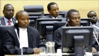 Sitting in the back row during the hearing at the ICC on 7/4/11, from left to right: William Ruto, Henry Kosgey and Joshua Arap Sang