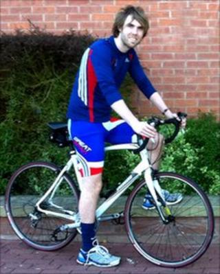 Nottingham Forest fan Jonny Heald on his bicycle