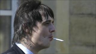 British rock star Pete Doherty, is seen at the entrance to Snaresbrook Crown Court in east London,