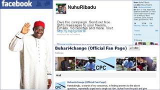 Screen grabs from PDP Goodluck Jonathan's Facebook page (left) Nuhu Ridbadu of the ACN Twitter page (top) and the fan page on Facebook for Muhammadu Buhari from the CPC.