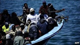 African migrants on a boat in the Mediterranean