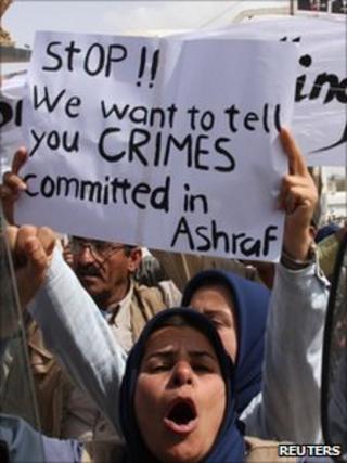 Residents of Camp Ashraf demonstrate in Diyala province, north of Baghdad, 9 April 2011