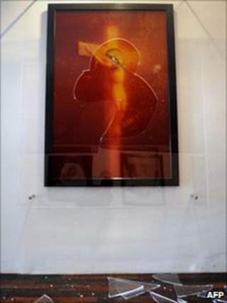 The partially damaged artwork Piss Christ in Avignon, southern France, 18 April 2011