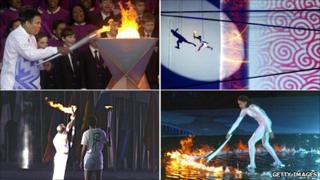 Clockwise from top left: Muhammad Ali, Salt Lake City, 2002; Li Ning, Beijing, 2008; Cathy Freeman, Sydney, 2000; and Antonio Rebollo, Barcelona, 1992; use the torch flame to light the cauldrons