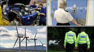 Montage of manufacturing, prison, windfarm and police officers