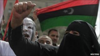 Anti-Gaddafi protesters chant slogans in Egypt's Tahrir Square - 29 April 2011