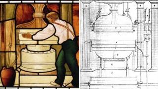 The glass panel and drawing from Mechanics Magazine