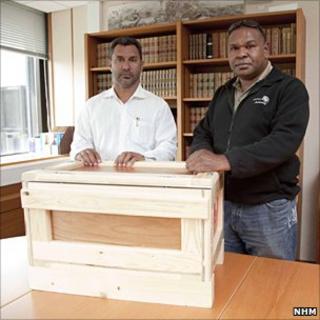 (L to R) Ned David and Seriako Stephen, Traditional Owners in the Torres Strait Islands with the 3 returned ancestral remains