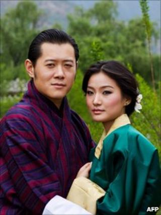 This undated handout photograph shows the King of Bhutan, Jigme Khesar Namgyel Wangchuck (L) and the future Queen of Bhutan, Jetsun Pema