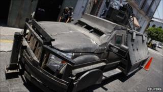 Narco-tank outside a police station in Jalisco