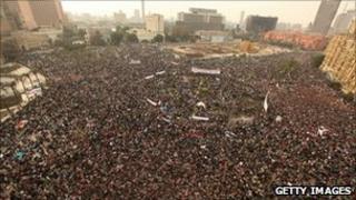 Protesters in Tahrir Square in Cairo on 1 February 2011