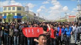Handout photo taken on May 26, 2011 and released on May 31, 2011 by Southern Mongolian Human Rights shows Mongolian herders and students protesting in Huveet Shar Banner