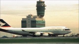 The first arrival at Hong Kong's new Chek Lap Kok Airport, a non stop polar flight by Hong Kong's Cathay Pacific airline