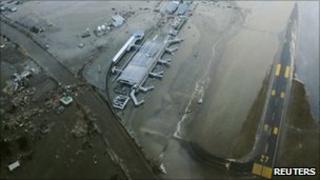 Destroyed runway at Sendai airport