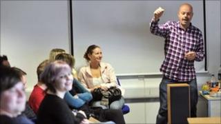 Students with BBC Radio 1's Dominic Byrne