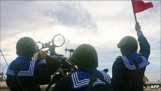 Vietnamese sailors training with a 12.7mm machine gun on Phan Vinh Island in the Spratly archipelago