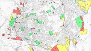 Map showing possible development sites