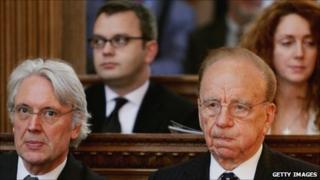 From left to right: Former Dow Jones boss Les Hinton; former News of the World editor Andy Coulson; New Corp chief Rupert Murdoch; former News International chief Rebekah Brooks (file pic)