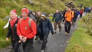 Wrexham fans walk up Snowdon