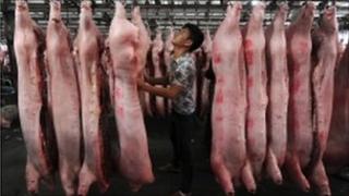 Slaughtered pig at a pork wholesale market in Hefei,