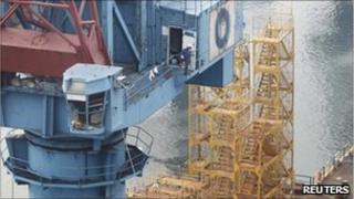 Vessel crane at the Busan shipyards of HHIC, where Kim Jin-suk has been holding a sit-in demonstration since 6 Jan 2011, in Busan, south-east of Seoul