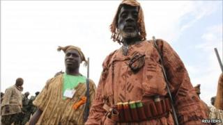 Dozo hunters at a meeting in Abobo, Abidjan, 25 July