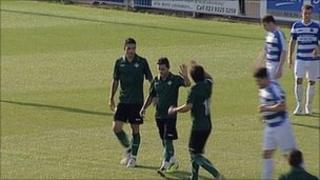 Real Betis players celebrate after scoring a goal against Havant and Waterlooville