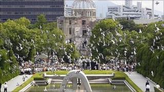 Doves are released at Hiroshima's peace memorial