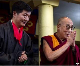 Lobsang Sangay (left) stands beside the Dalai Lama at his inauguration in Dharamsala, India, 8 August