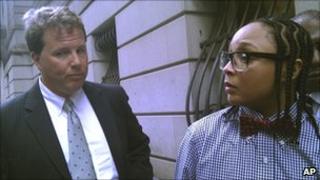 Felicia "Snoop" Pearson, right, and her attorney Benjamin C Sutley, outside a courthouse in Baltimore on Monday