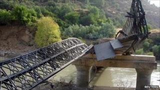 A bridge destroyed by Turkish military action in Dohuk, northern Iraq, 20 August