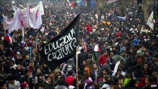 Students and workers take part in a demonstration in Santiago, Chile, on Thursday, during a two-day strike demanding political and economic reform