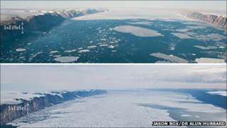 Эти фотографии ледника Петерманн были сделаны с интервалом в два года, летом 2009 года (вверху) и в июле 2011 года