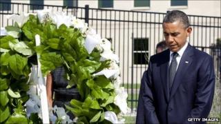 Barack Obama lays a wreath at a memorial service at the Pentagon - 11 September 2011