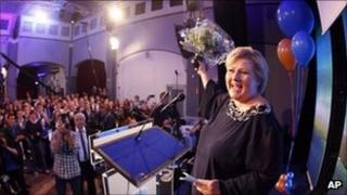 Erna Solberg, leader of Norway's Conservatives, celebrates her party's results in Oslo, 13 September