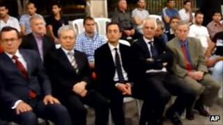 YouTube grab purporting to show US ambassador Robert Ford (front right) and other diplomats attending mourning for Ghiyath Matar, Damascus, 13 September 2011