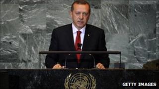 Turkish prime Minister Erdogan speaking at the UN