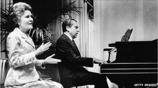 Pat and Richard Nixon at the piano